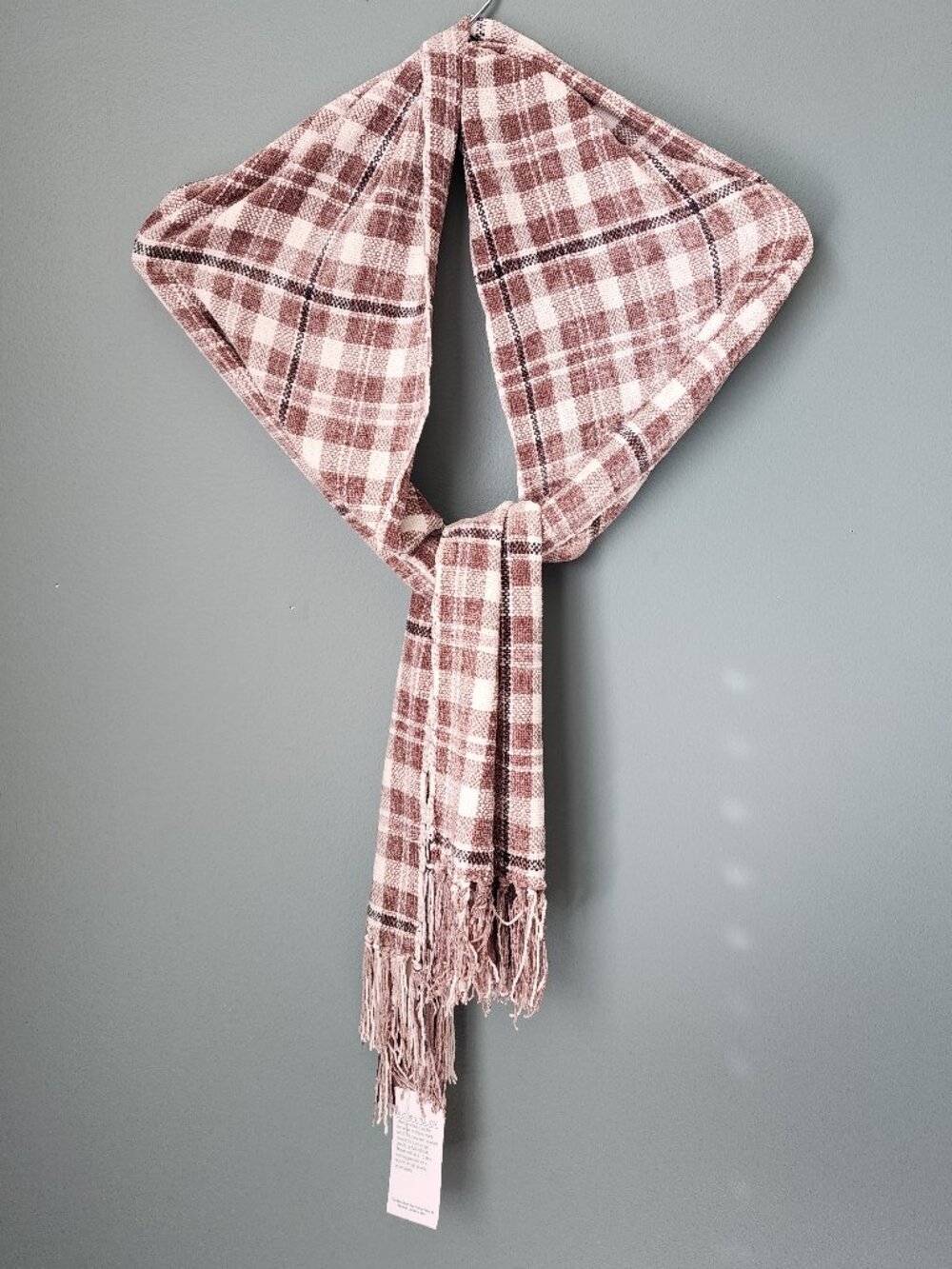 Brown Plaid Fringed Rayon Scarf NWT